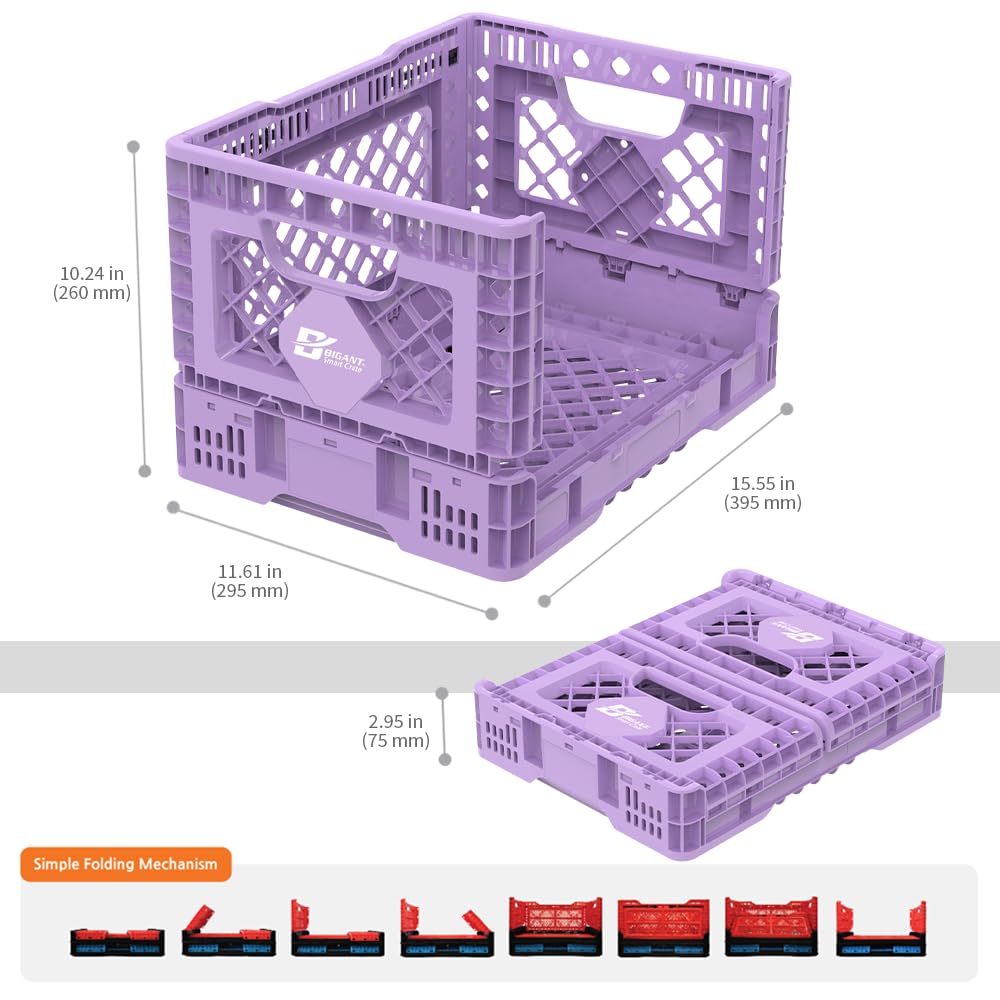Bigant Heavy Duty Collapsible & Stackable Plastic Milk Crate - Snap Lock Foldable Industrial Garage Storage Bin Container Utility Tote Basket (Purple, 1 Small Crate)