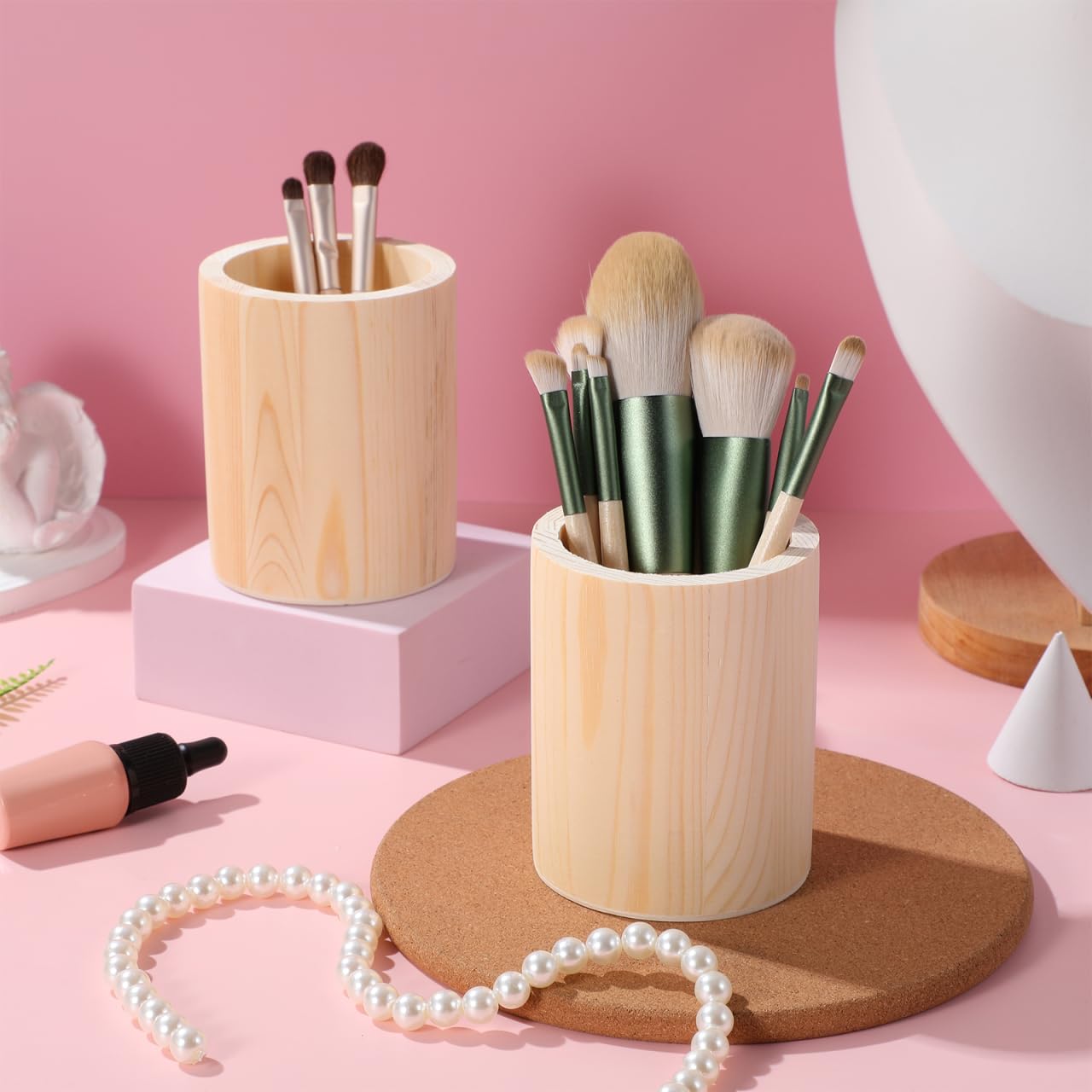 ARTIBETTER 2pcs Unfinished Wooden Pencil Holder Pine Pen Cup Wood Desk Pencil Holder Stand Rustic Makeup Brush Storage Kitchen Cookware Organizer for DIY Graffiti Round
