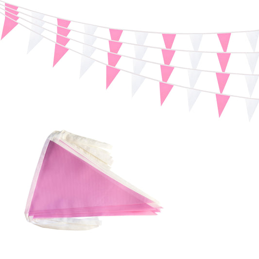 Rotenl 50 Feet 30 Pcs Pink and White Pennant Banner Flags String Hanging Triangle DIY Flags, Bunting Streamers Decorations for Grand Opening, Birthday, Wedding, Party Celebration (1)