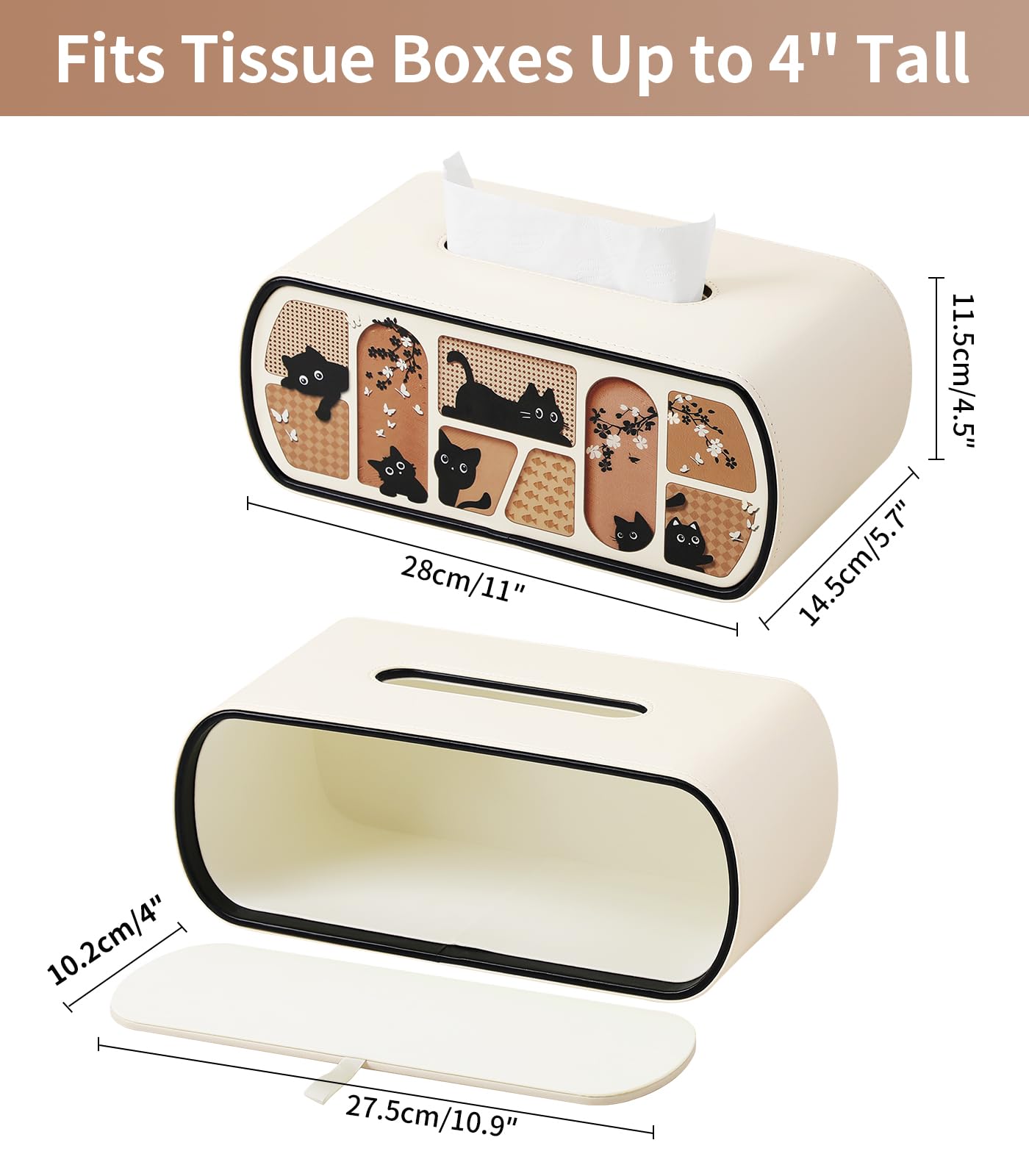 MEIBOOCH Cat-Themed Tissue Box Cover with Curved Edge, Rectangle Tissue Box Holder for up to 4 Inches High Boxes (Beige)