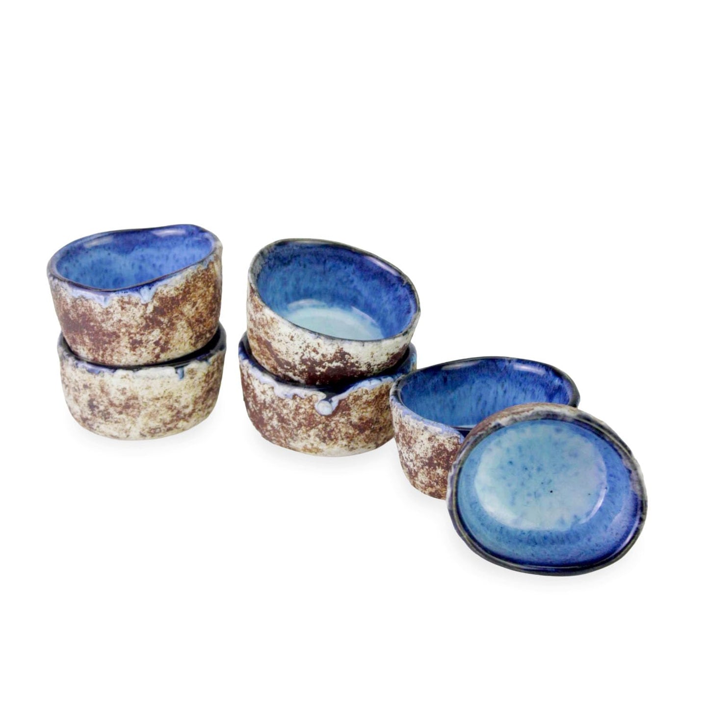 roro 1.5 Inch Handmade Ceramic Pinch Bowls Set of 6, Rustic Coral Reactive Blue