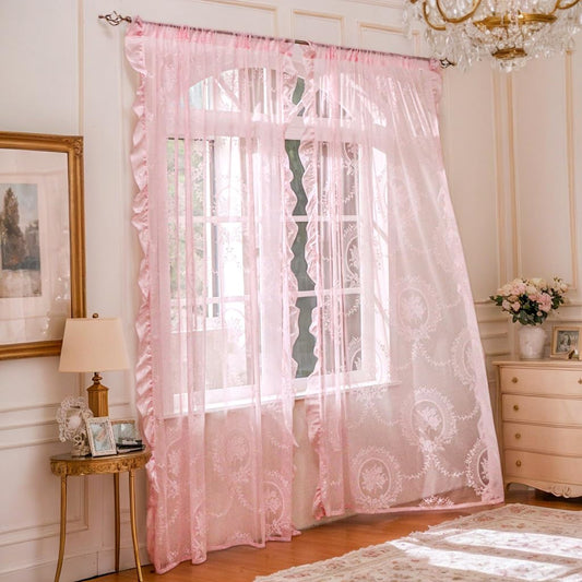Pink Lace Curtains for Living Room, 84 Inches Long, 2 Panels Set, Boho Sheers with Floral Curtain Lace, Vintage Floral, Sheer Curtains 84 Inch Length, Rod Pocket, 52 x 84 Inch