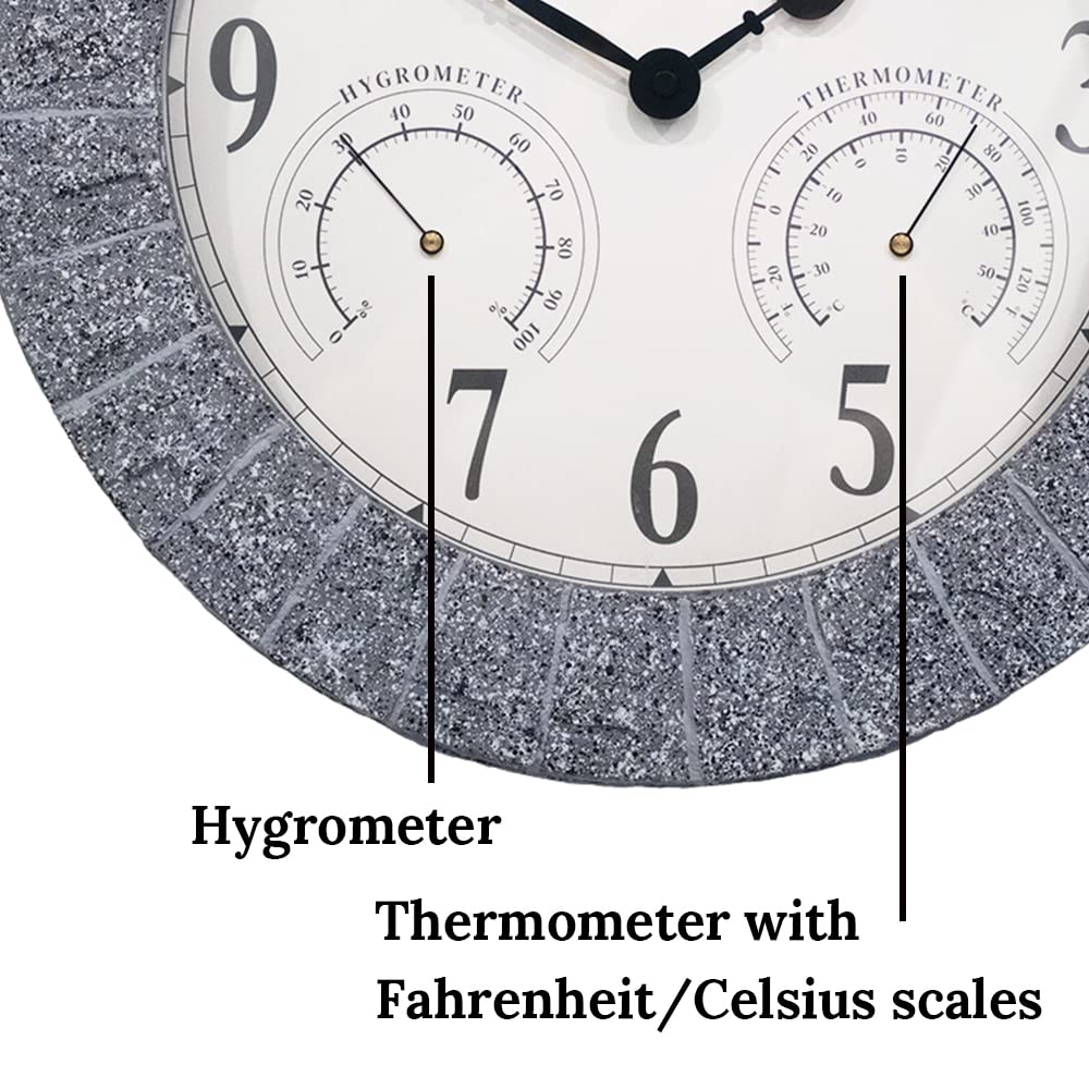 Presentime & Co Sandstone Outdoor Clock with Thermometer & Hygrometer as All in one Weather Station, 14", Gray Sandstone Finish. Weather Thermometer, Outdoor Décor, Wall Décor.
