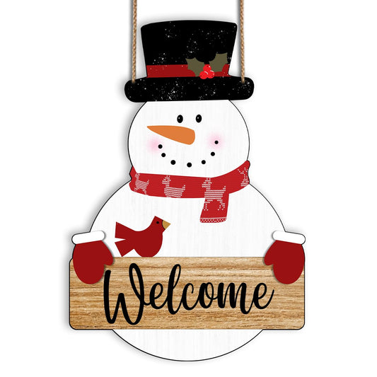 Snowman Merry Christmas Welcome Sign - Snowman Christmas Door Hanger - Hello Winter Snowflake Round Wooden Decor for Tree, Front Door, Porch, Wall, Party Hanging Decorations, 10X10 Inches -B09
