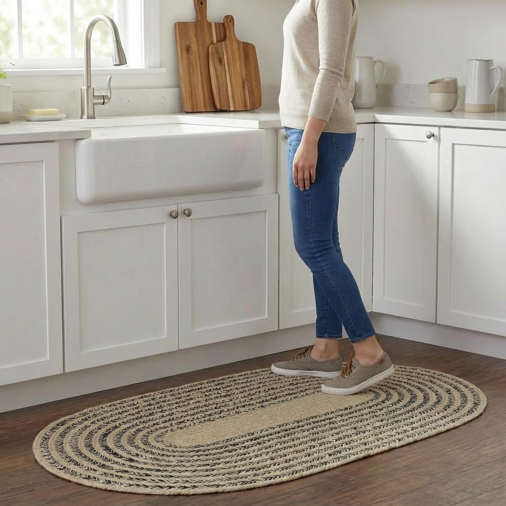 Cotton Braided Rug - 20" X 30" Beige and Navy Oval Woven Farmhouse Rug for Bathroom - Braided Minimalist Rugs for Kitchen - Rustic Primitive Rugs for Entryway
