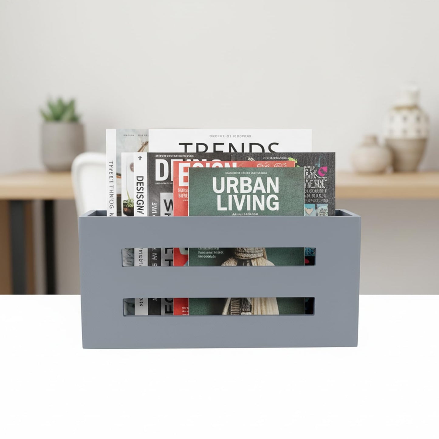 Qinpufu Magazine File Holder, Standing Wooden Magazine Rack, Desk Folder Organizer for Office & Bathroom-Gray