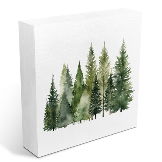 Tree Decorations Rustic Wooden Box Sign, Watercolor Tree Holiday Christmas Farmhouse Home Bathroom Decor, Vintage Wood Block Plaque for Office Kitchen Shelf Desk Table Tiered Tray Christmas Decor