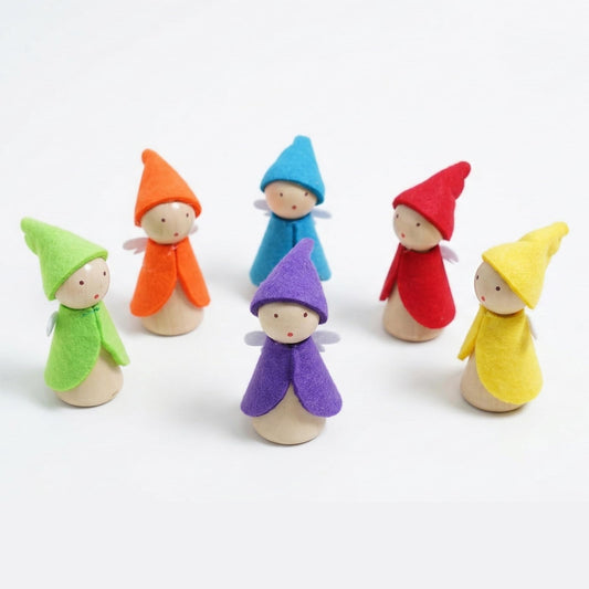 Sing2sky 6 Pcs Wooden Elf Figures, Miniature Dollhouse Accessories for Kids Ages 3+, Cute Wood Gnome Peg Dolls for Small Fairy Garden Decor
