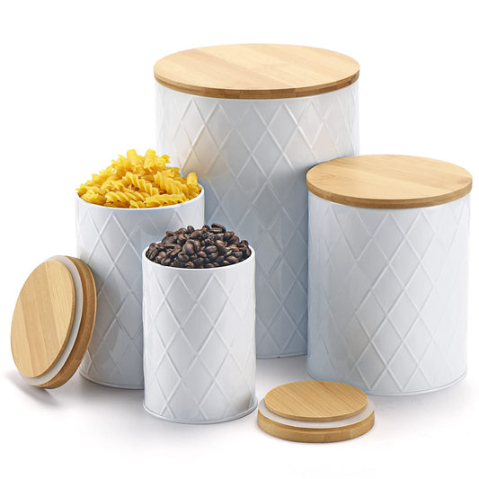 Kazozobi White Kitchen Canisters Set with Bamboo Lids, Airtight Sugar, Flour, Coffee, Cookie Storage Canister Sets for kitchen Countertop, Farmhouse kitchen decor, 4 Pack