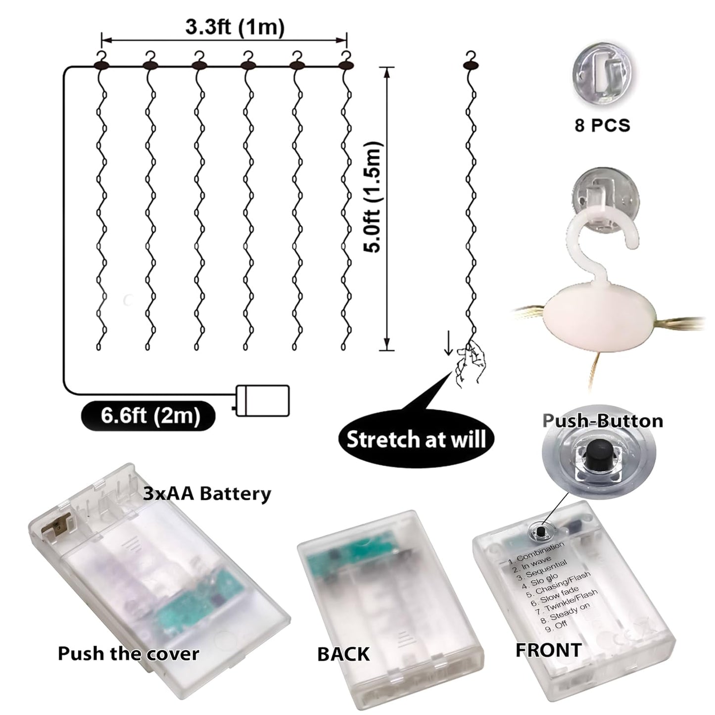 HXWEIYE Short Curtain Lights for Small Window, 3.3x5Ft Warm White Fairy Light with Timer & 8 Clips for Bedroom, Battery Powered 96Led String Light for Indoor Weddings Party Garden Wall Decor