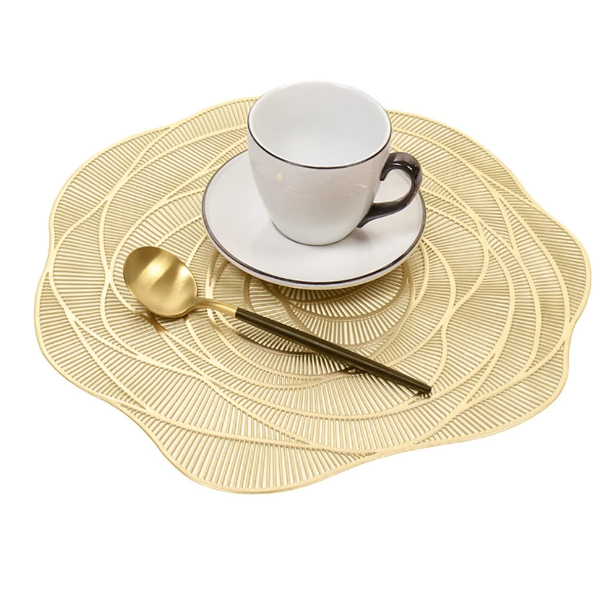Round Gold Placemats Set of 4 Rose Flower Pressed Vinyl Place Mats Elegant Tablemats Kitchen Table Setting for Wedding Holiday Dining Table Decorative