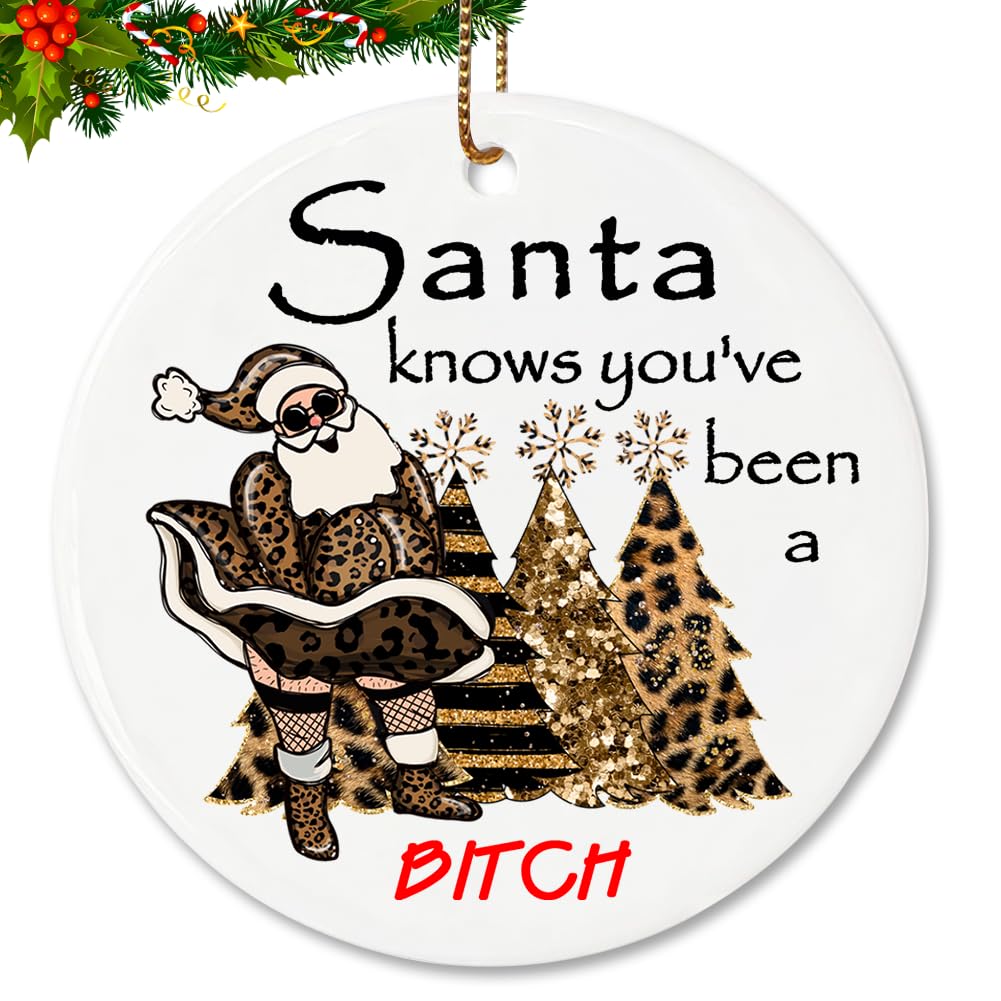 “Santa Knows You’ve Been A Bit-ch” Naughty Santa Ornament, Sassy Christmas Ceramic Ornament, Funny Christmas Tree Hanging Decoration - 2.83" Round Double - Sided