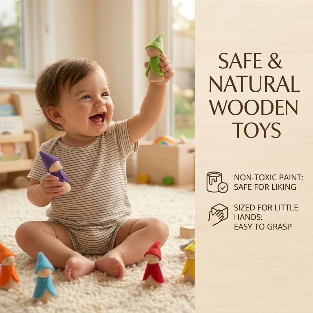 Sing2sky 6 Pcs Wooden Elf Figures, Miniature Dollhouse Accessories for Kids Ages 3+, Cute Wood Gnome Peg Dolls for Small Fairy Garden Decor