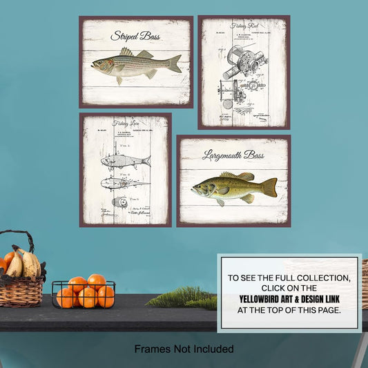 Vintage Fish Patent Prints 11x14 - Rustic Man cave Decor, Fisherman Gifts for Men - Fishing Art Poster, Fish Wall Art Decorations, Nautical Decor - Bass, Reel, Lure Wall Artwork - Lake, River Pictures