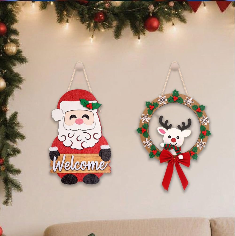 Christmas Welcome Sign - Santa Claus Christmas Door Hanger - Winter Wooden Decor for Tree, Front Door, Porch, Wall, Party Decorations