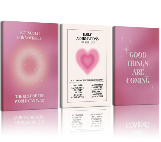 NCCXNCC 3-Pcs Pink Angel Digital Canvas Wall Art Daily Affirmations Wall Decor Painting Gradient Halo Artwork Aesthetic Poster Print Suitable for Apartments, Dormitories, Girls' Bedrooms 12x16 inch