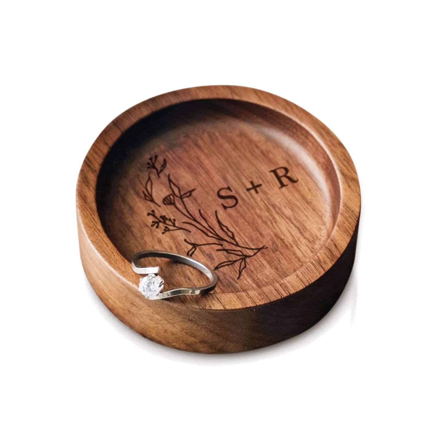 DoneOne Custom Round Wood Ring Dish, Engagement & Wedding Ring Holder, Personalized for Newlyweds