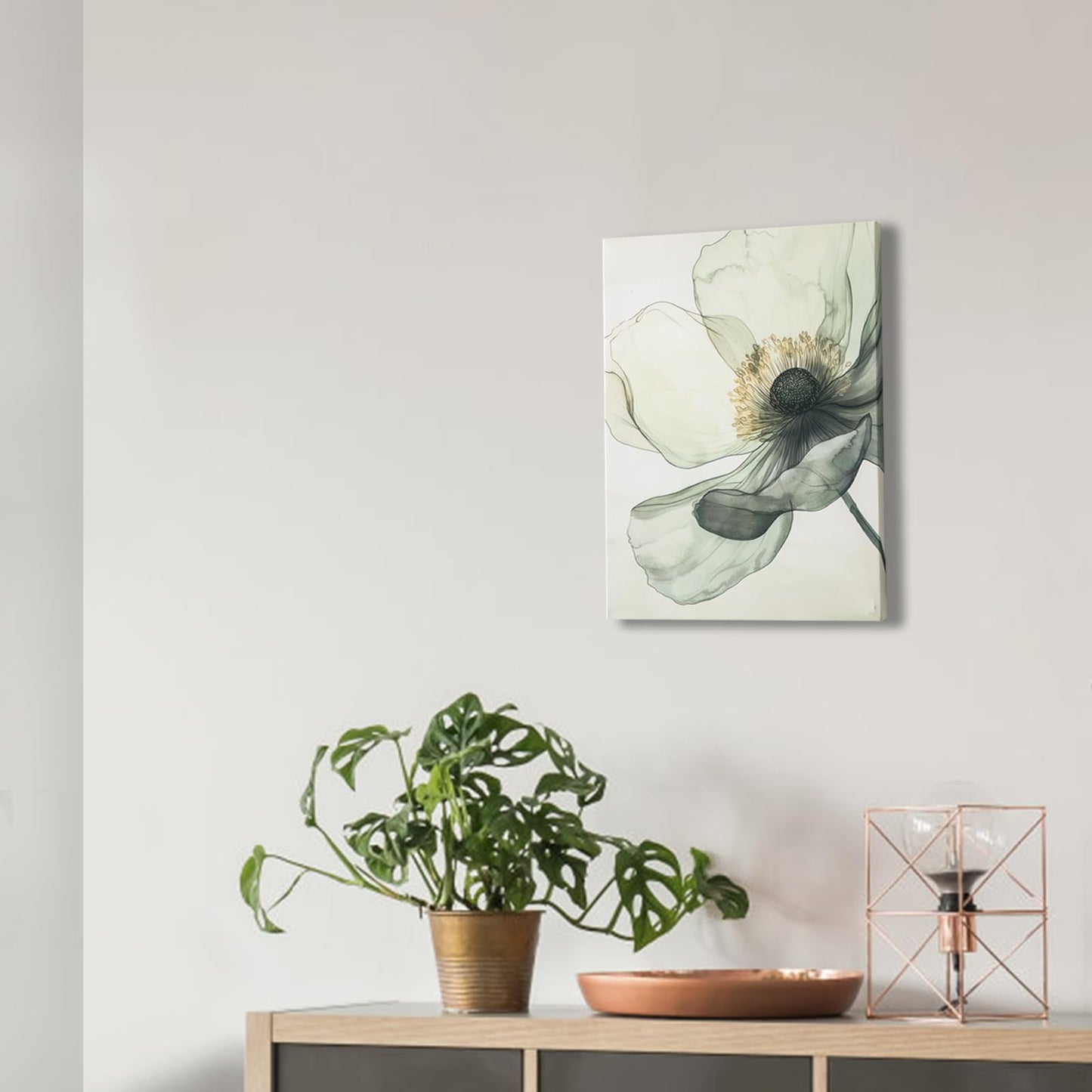 Sage Green Wall Art, flower pictures wall decor, Minimalist Modern Gold Green Canvas Artwork Paintings, Boho aesthetic canvas wall art for bedroom Bathroom Living room Office Decorations,12"x16"