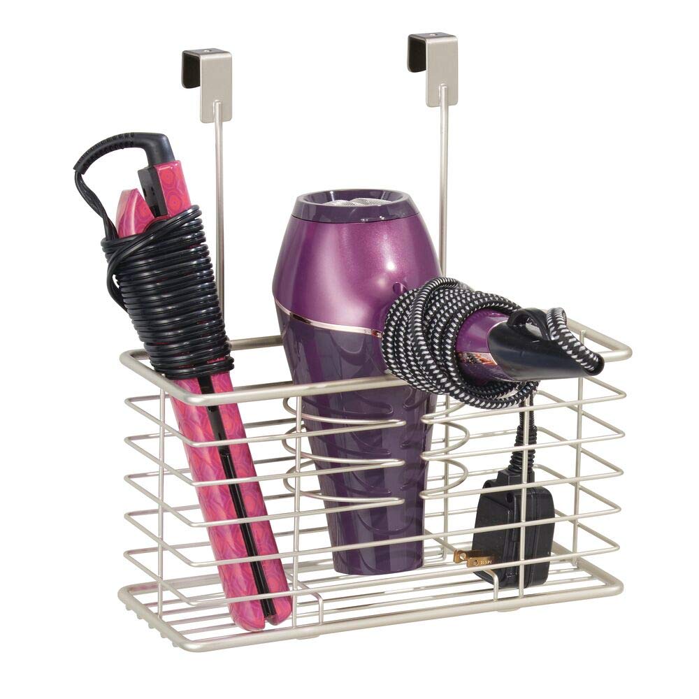 mDesign Steel Over Cabinet/Door Hair Dryer Holder Storage, Hair Styling Tool Organizer Basket for Bathroom - Blow Dryer, Flat Iron, Curling Wand, Straightener, Linelle Collection - Satin