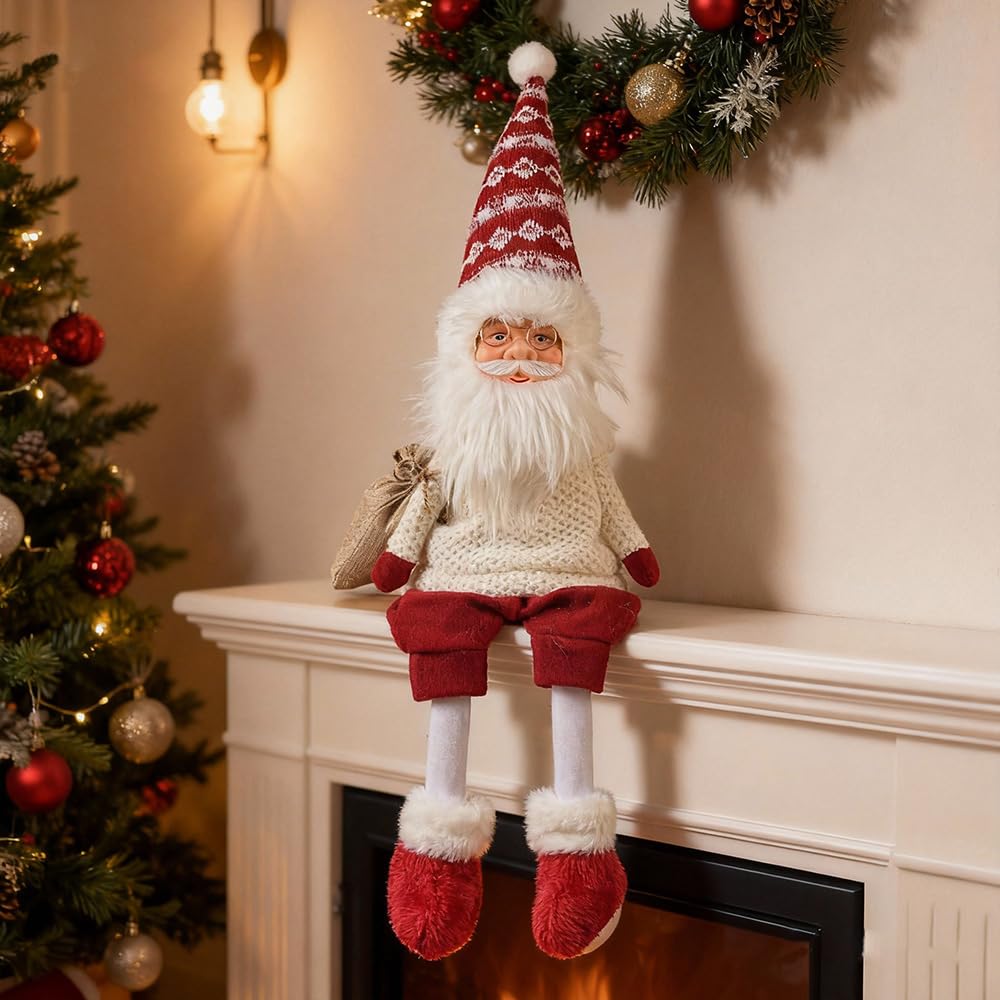 Dedrian11 Sitting Santa Claus Decor 24’’ Shelf Sitter Christmas Figurine with Dangling Legs, Plush Santa for Mantel Fireplace Tabletop, Poseable Arms, Weighted Bottom