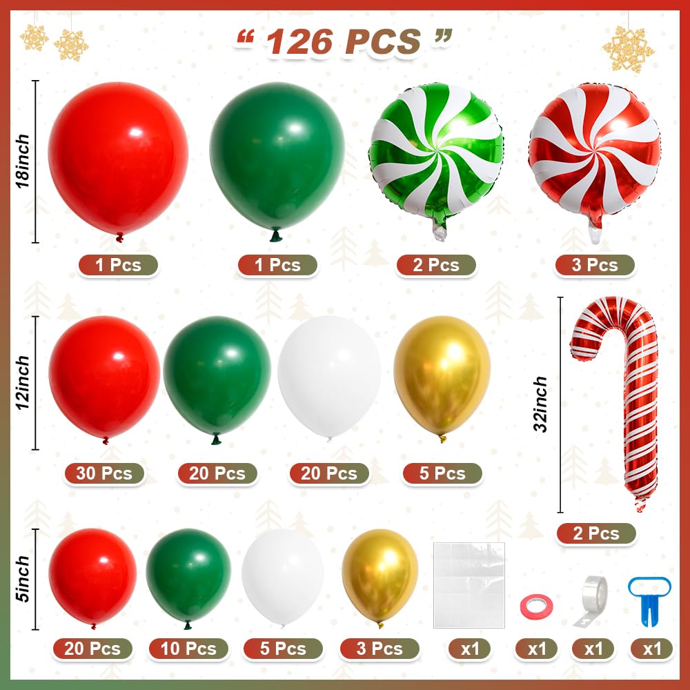 Red Green White Christmas Balloon Garland Arch Kit, Gingerbread Holiday Balloon Arch Kit Xmas Christmas Decorations Balloons Holiday Party Garland Balloons Background Candy Cane Balloon Arch Sets