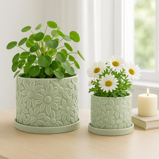 Decorative Daisy Flower Pot Planter for Home Decor - Stylish Indoor and Outdoor Pots for Plants - Chic Modern Plant Pots for Living Room, Patio, or Plant Stand Indoor - Set of 2, 7", 5", Green