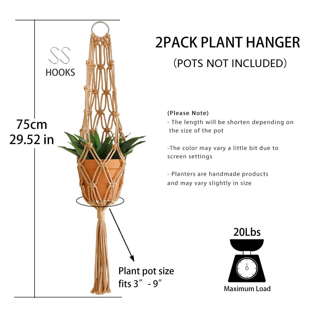 Artilady Hanging Planter for Indoor Plants Macrame Plant Hanger Large Hanging Plant Holder Brown Plants Basket White Rope Boho Original Wall Decor (Brown Plant Hanger-2pcs)
