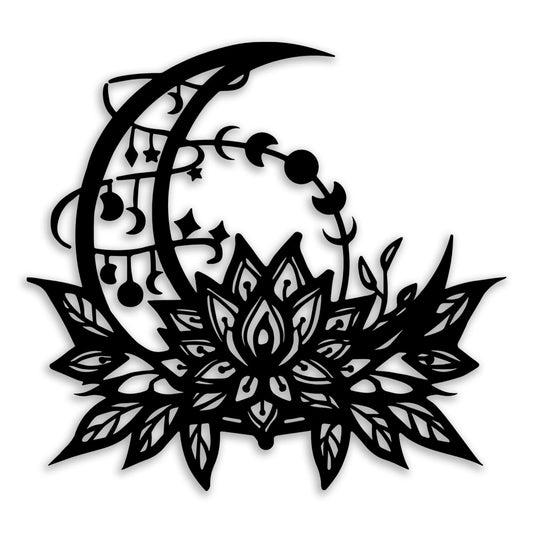 OPTYBVFD Moon Lotus Flower Metal Wall Decor - Moon Phase Room Decor Wall Art Home Decor for Living Room, Bedroom, Dining Room, Bathroom, Office (Black)