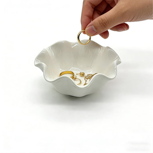 BROSEBEAQ Small Jewelry Tray, Ceramic Lotus Ring Dish, 3.5", White, Vanity Ring Holder, Trinket Dish (White)
