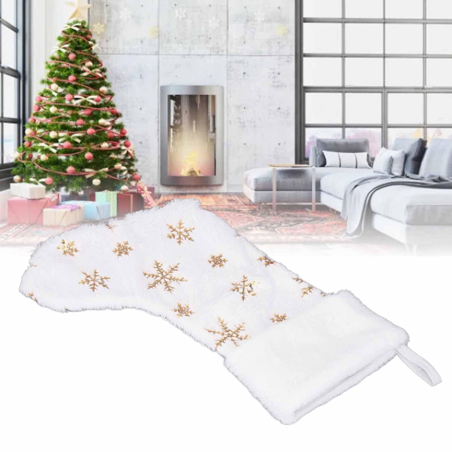 Pongnas Christmas Stocking with Gold Sequins & Snowflake Embroidery Oversized Holiday Ornament for Fireplace,Family Xmas Decor