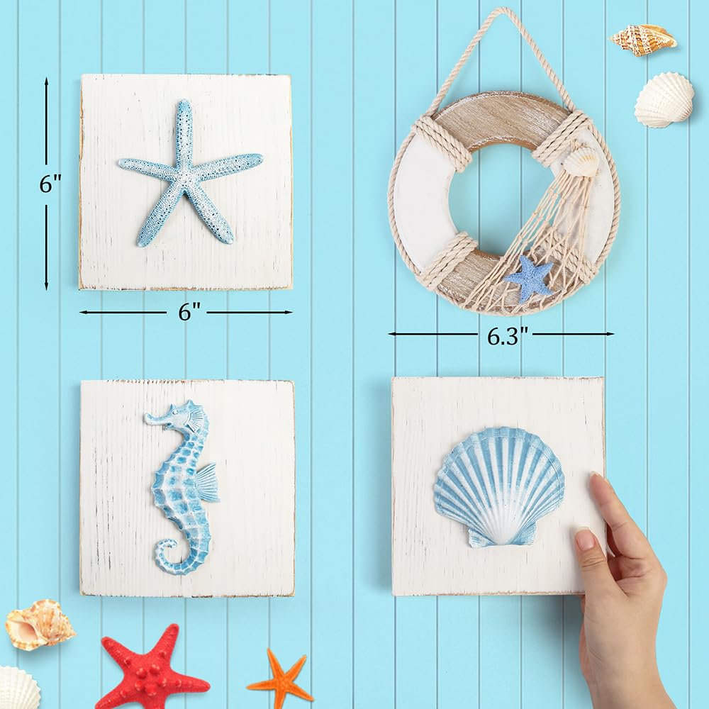 LotFancy Beach Wall Décor, 4 Pack, 3D Seashell, Starfish, Seahorse and Lifesaver Buoy Decorations on Wood Board, Rustic Ocean Coastal Themed Wall Art for Bathroom, Living Room, Bedroom (6“ x 6“)