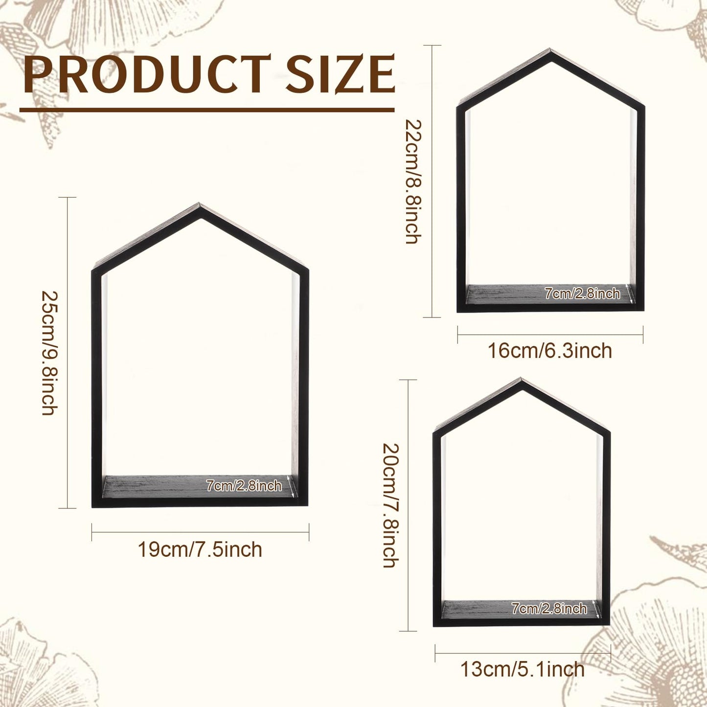 Threehoney 3 Set Wall Shelf 9.8 x 7.1 Inch Wooden Hanging Shelf Deep Display Storage Shelves Floating Shelves for Home Office Room Mini Figures Potted Plants Wall Decor(House,Black)