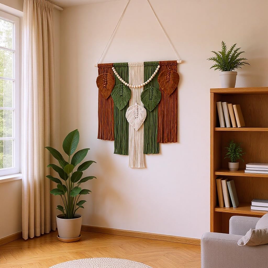 Jditngp Macrame Wall Hanging Boho Leaf Woven Tapestry,Bohemian Chic Home Decor Handmade Leaves Feather Tassel Wooden Bead Pendants Wall Art Decorations for Bedroom Living Room Apartment 23.6"WX43.3"L