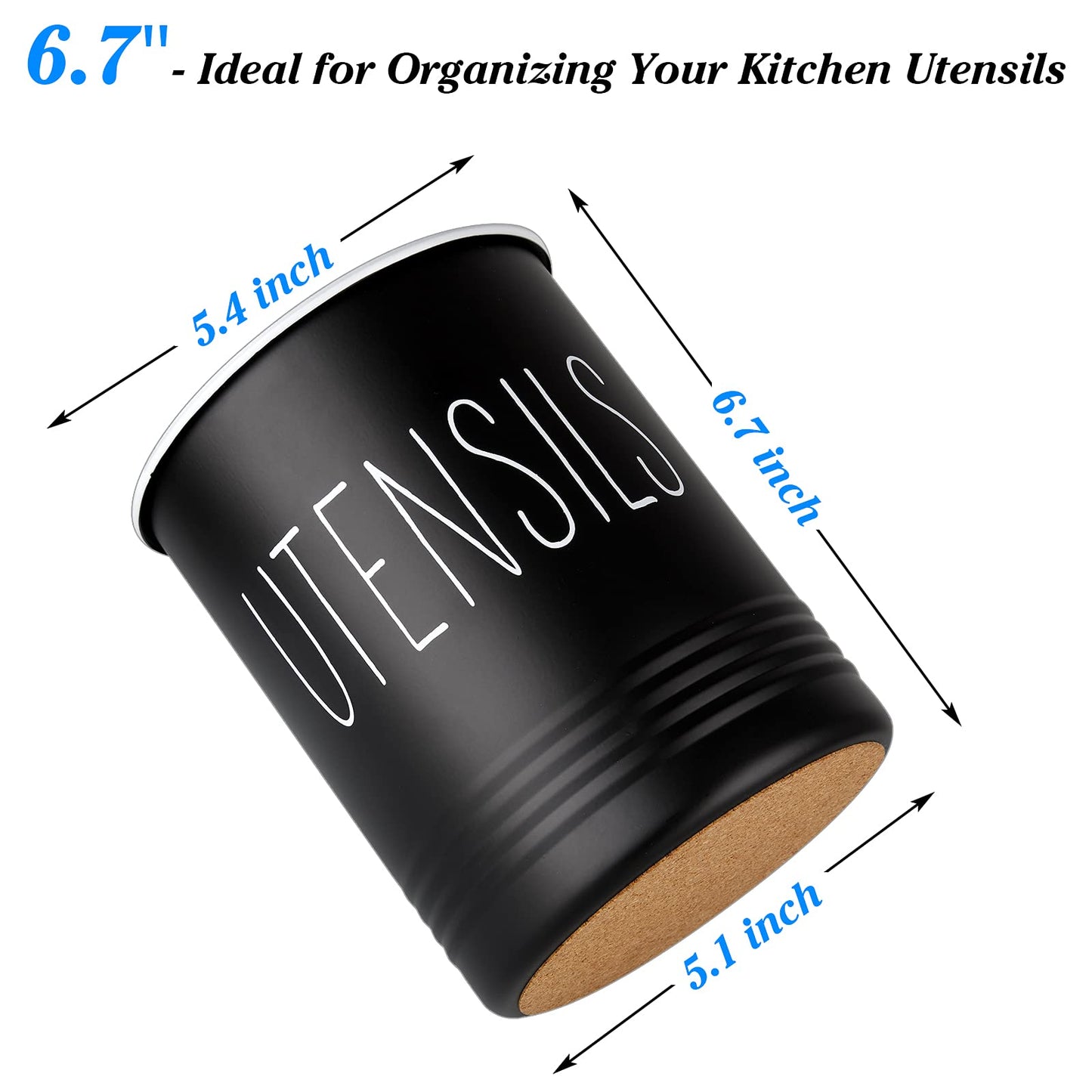 Kitchen Utensil Holder, 6.7" Utensil Holder for Kitchen Counter, Cooking Utensil Crock with Cork Bottom, Modern Farmhouse Decor, Countertop Utensil Storage Organizer Caddy, Black