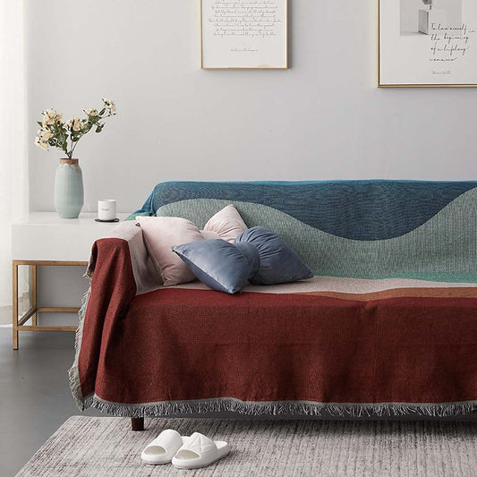 Reversible Knitted Patchwork Color Couch Cover Woven Decor Blanket Sofa Covers for Living Room Knit Futon Covers Sofa Slipcovers for Pets Couch Protector for Dogs Boho Furniture Covers, 71"X 118"