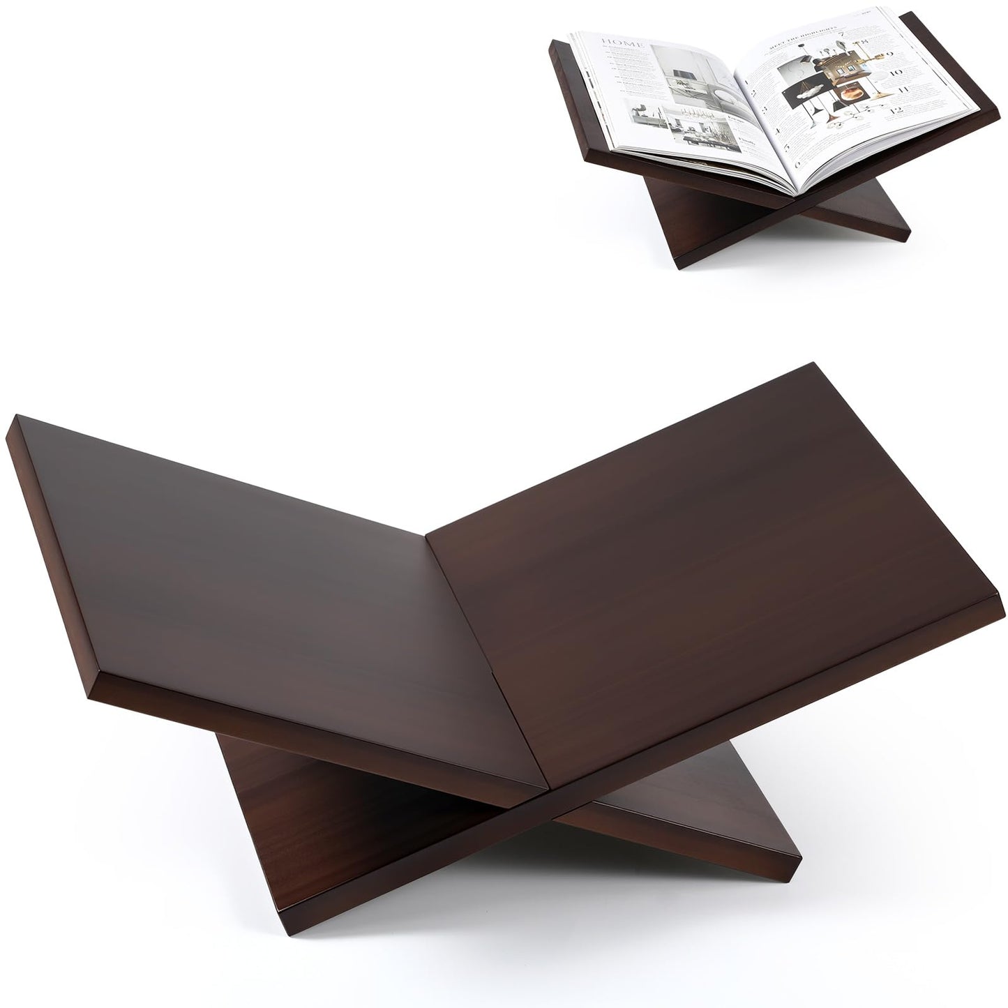 Honoson Open Display Book Stand 16 x 9 x 6 Inches Wooden Large Book Holder for Reading Open Bookstand X-Shaped Cookbook Stand for Bible Magazines Art Textbooks Recipe Coffee Table Decor(Dark Walnut)