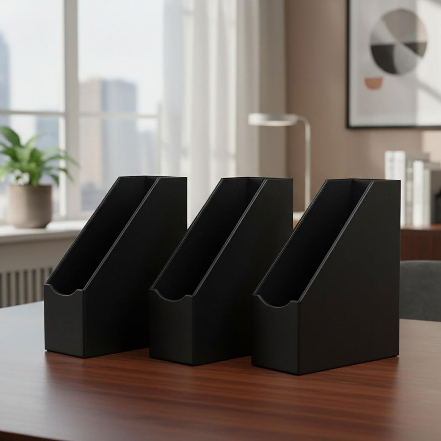 UnionBasic Magazine File Holder, Leatherette Desktop Document Organizer, Home Office Paper Holder File Storage Literature Sorter, Black