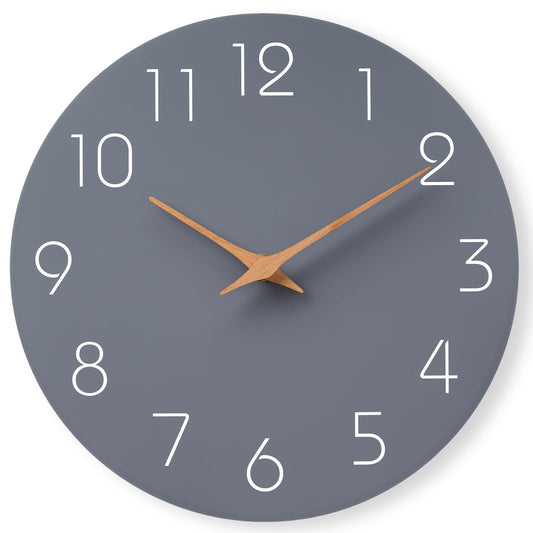 Mosewa Wall Clock 14 Inch Gray Battery Operated Silent Non Ticking Simple Modern Wood Clock Decorative for Bedroom Living Room Kitchen Home Office
