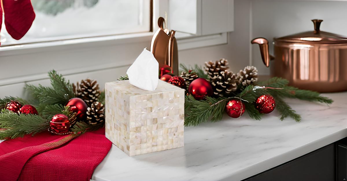 PEMAR Handcrafted Wooden Tissue Box Cover for Small Cube Tissue Boxes Only (Max Inner Size 4.7”) – Mother of Pearl Inlay Decorative Tissue Holder for Bathroom, Living Room & Office (White Sand)