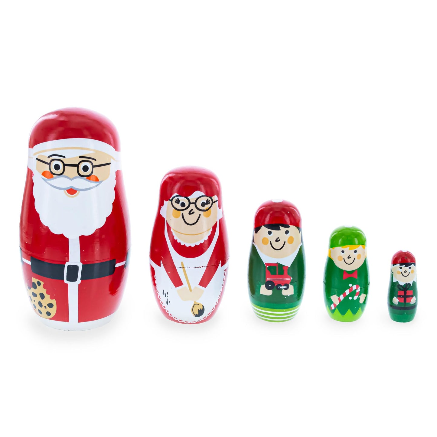 BestPysanky Set of 5 Santa, Mrs. Claus, Elf & Snowman Wooden Nesting Dolls 4.75 Inches