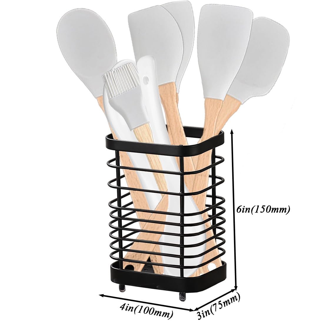 KEINEUX Utensil Holder Kitchen Countertop Organizer, Cutlery Drainer Sink Caddy Storage Drying Rack for Silverware Flatware and Cookware Stainless Steel(Black-L)