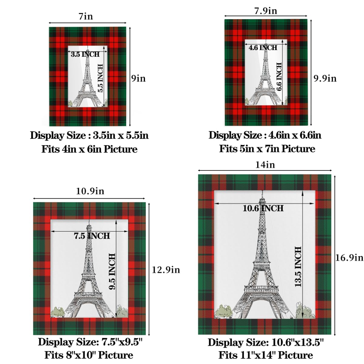 POFATO Christmas Plaid Pattern 5x7 Picture Frame Wooden Picture Frames for Wall Hanging & Tabletop Decor Display 5x7 or 5x5 Picture Collage Family Weddings Christmas Photo Frame for Gift