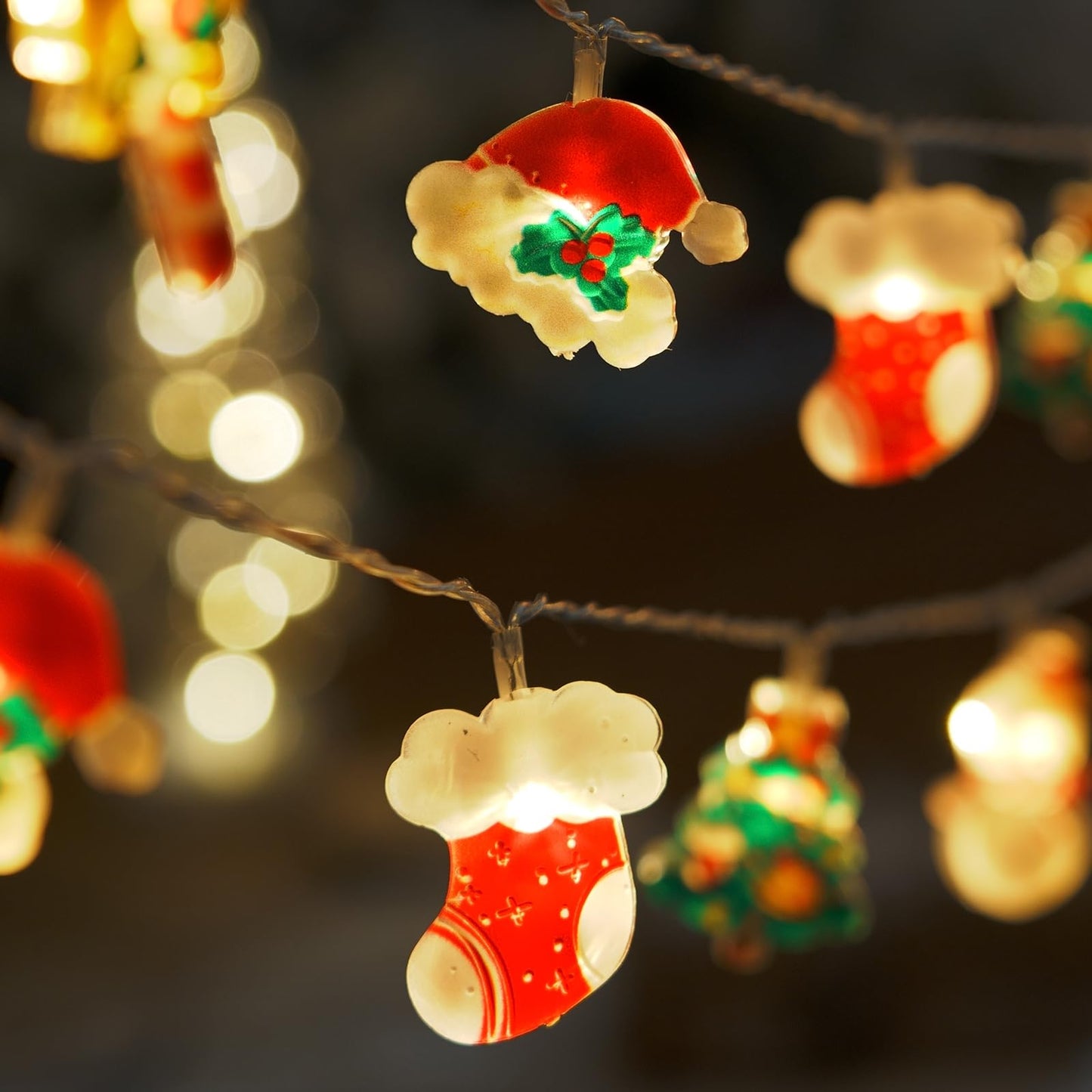LOLStar Christmas Fairy String Lights, 20 LED Xmas Warm White Lights Hanging Decors with Santa Claus Wreath Tree Snowman Candy Cane Hat Stockings Battery Operated Indoor Window Lights for Party Home