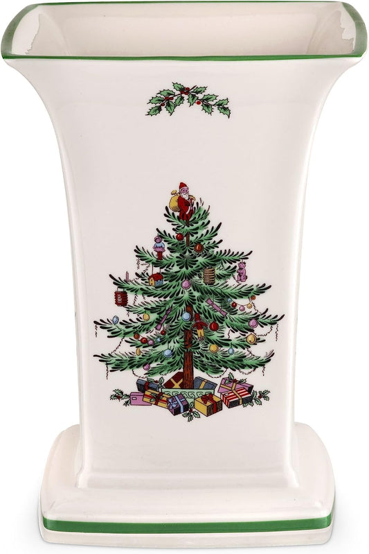 Spode Christmas Tree Square Vase, 8-Inch Festive Vase for Flowers & Holiday Decor - Fine Earthenware Centerpiece for Christmas Table, Mantle, Seasonal Floral Arrangements, Dishwasher Safe