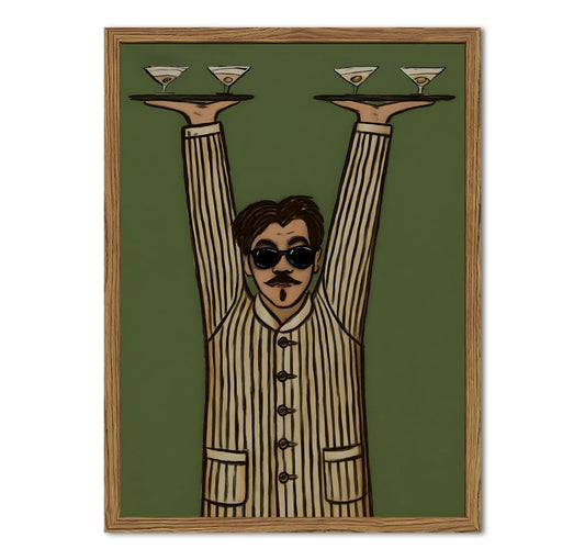Vintage Bar Waiter Wall Art Funny Server with Martini Bar Cart Wall Decor Picture Quirky Mid Century Modern Cocktail Poster Canvas Painting Prints for Living Room Kitchen 12x16 inch Wood Framed