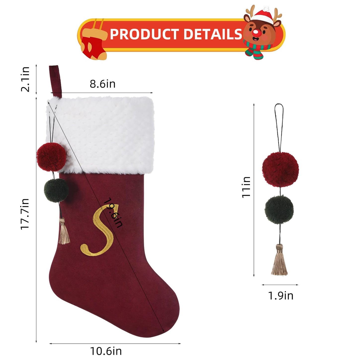 Pxniy 19.5 inches Personalized Velvet Christmas Stocking,Initials Embroidered Letter Christmas Stocking with pom poms, for Fireplace Hanging Decor and Xmas Gift(Burgundy J)