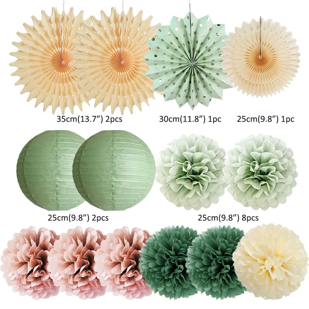Sage Green and Dusty Pink Party Decorations Retro Olive Sage Green and Dusty Rose Party Decorations Cream Poms Beige Fans for Boho Pink Birthday Baby Shower Bridal Shower Wedding Engagement