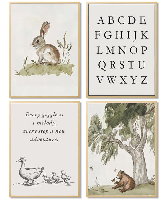Neutral Nursery Wall Art Set of 4, Vintage Woodland Animal Prints with Alphabet ABC Poster & Inspirational Quote, Bunny Duck Bear Picture Decor for Baby Nursery Kids Room Playroom (Unframed, 12x16In)
