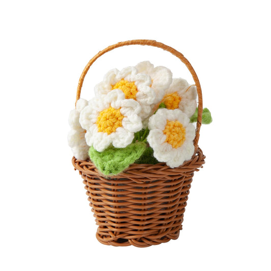 Hand Woven Potted Plant Yarn, Crochet Sunflower Bouquet, Handmade Gift, Home Decoration, Knitted Simulation Flower(Style2（White Flower Basket）)