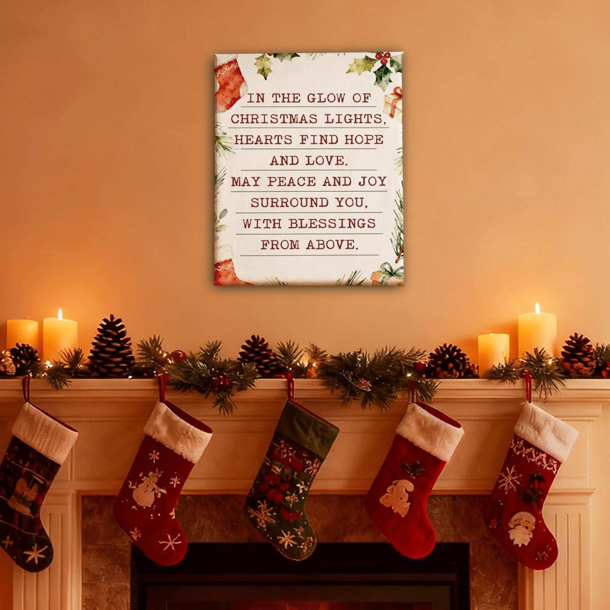 Christmas Wall Art, Holiday Quote Canvas Print with Greenery and Stockings, Farmhouse Christmas Decor for Living Room Entryway Bedroom, Inspirational Winter Sign, Xmas Gift, 8x10 Inches